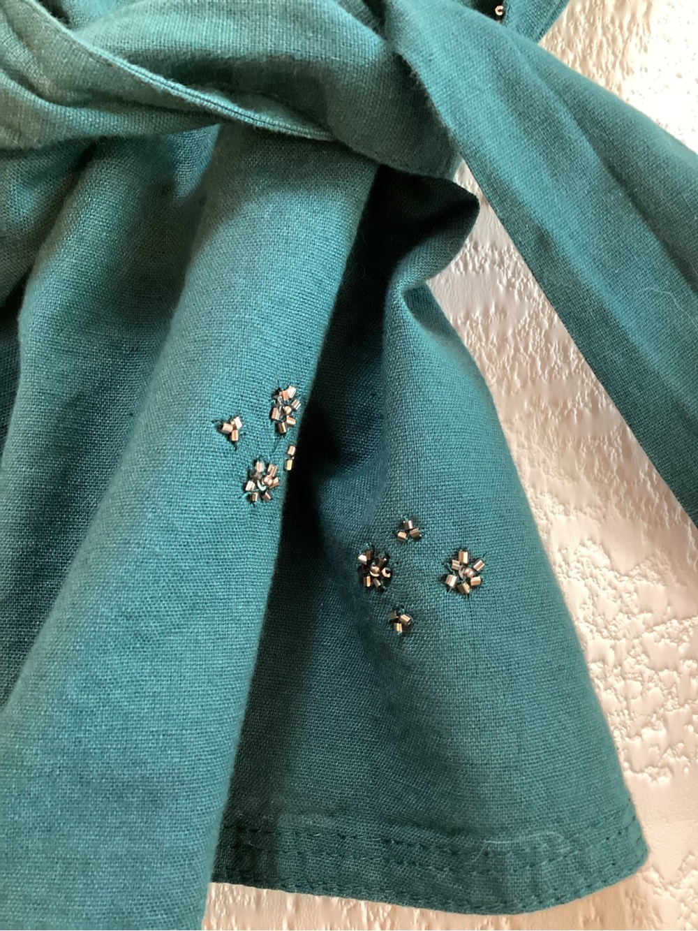 Fabindia Teal Cotton Linen Wrap Top Beaded Floral Embellished Boho Large - Picture 6 of 9